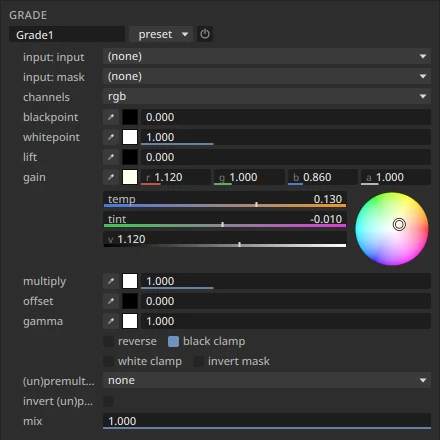 A Grade's settings in Properties with the gain row's panel open under it: the gain values (r 1.12, g 1, b 0.86), the temp, tint and v sliders with their colour gradients, and the hue and saturation wheel beside them