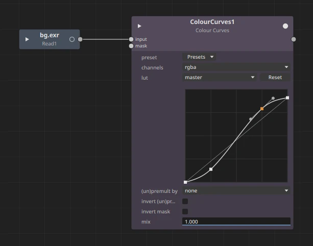 A Colour Curves node open in the node graph: its master curve bent into an S by two keys, the upper one selected with its tangent handles