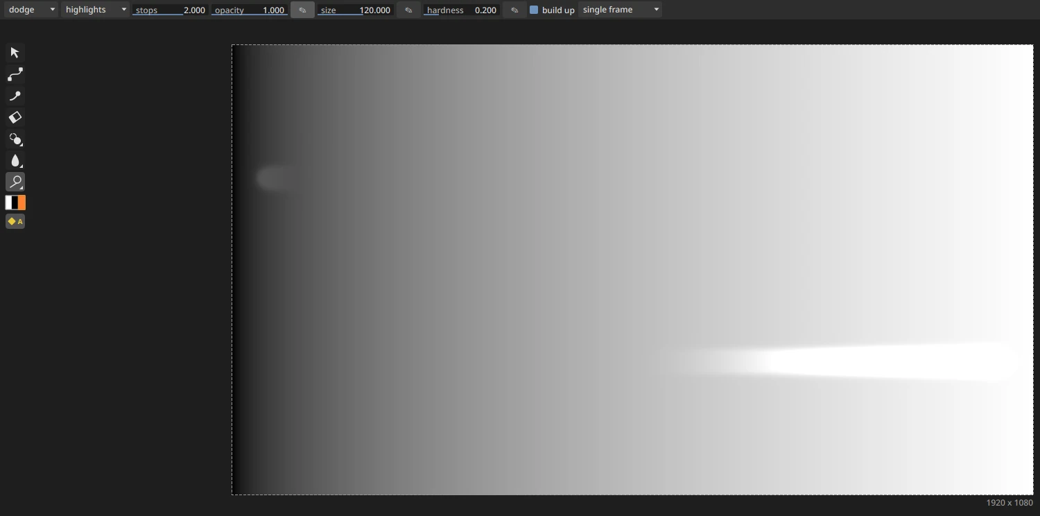 A ramp from black to white with two dodge strokes painted across its whole width: the upper one, in shadows, lightens only the darkest end; the lower one, in highlights, lightens only the bright half. The settings row shows dodge, highlights and stops 2