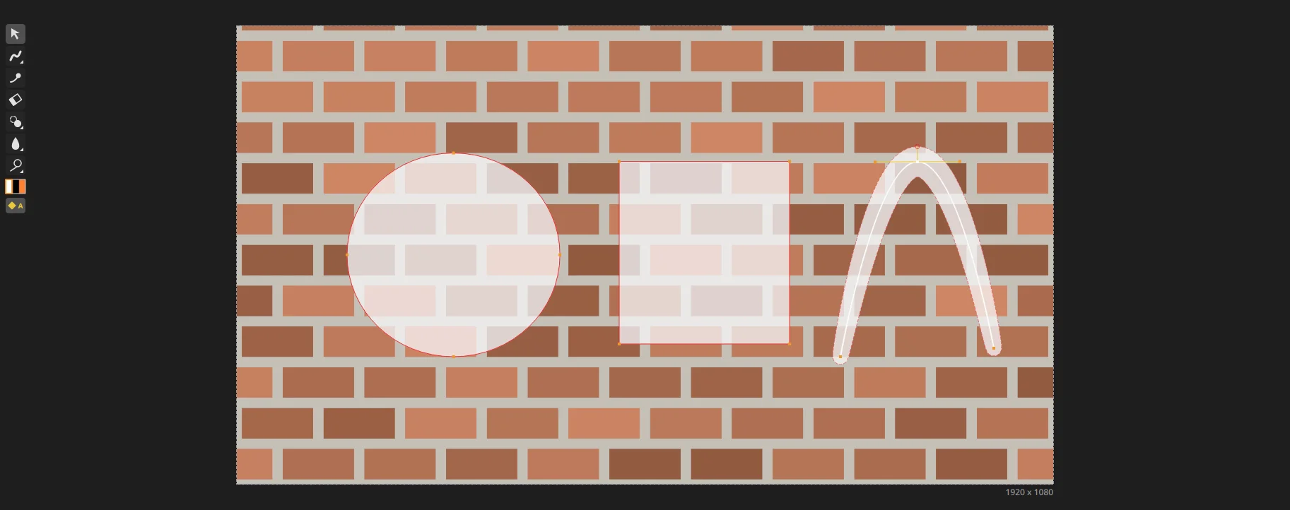 The viewer over a brick wall: an ellipse and a rectangle drawn as translucent white shapes, and an open spline, a thick white stroke along a curve, its middle point selected with its round width handle on the stroke's dashed edge