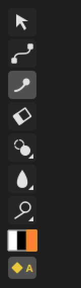 The Roto toolbar: Select, Bezier, Brush (lit), Eraser, Clone, Blur and Dodge, then the swatch in three parts, white, black and the RGB colour (orange), and the autokey button below it