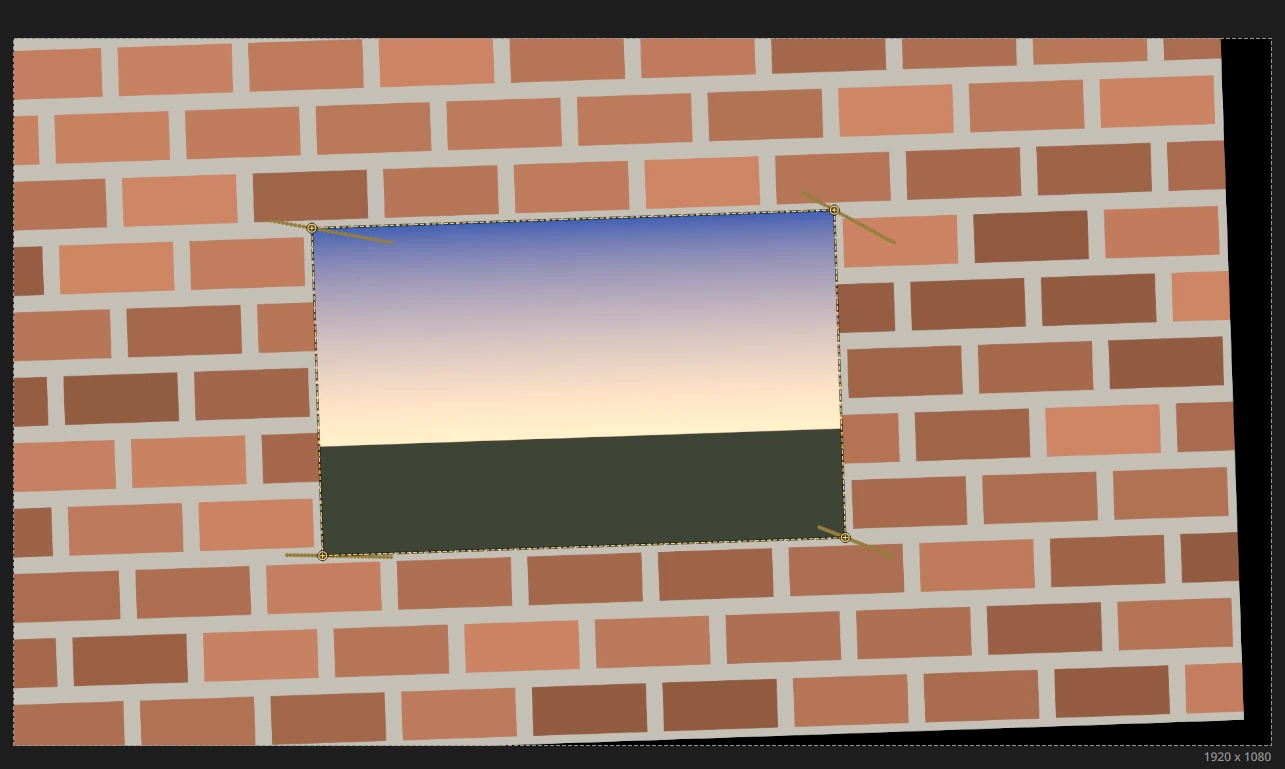 A CornerPinTracker with over plate on: a sunset picture pinned onto four tracked points of a moving brick wall, each corner showing the path it followed