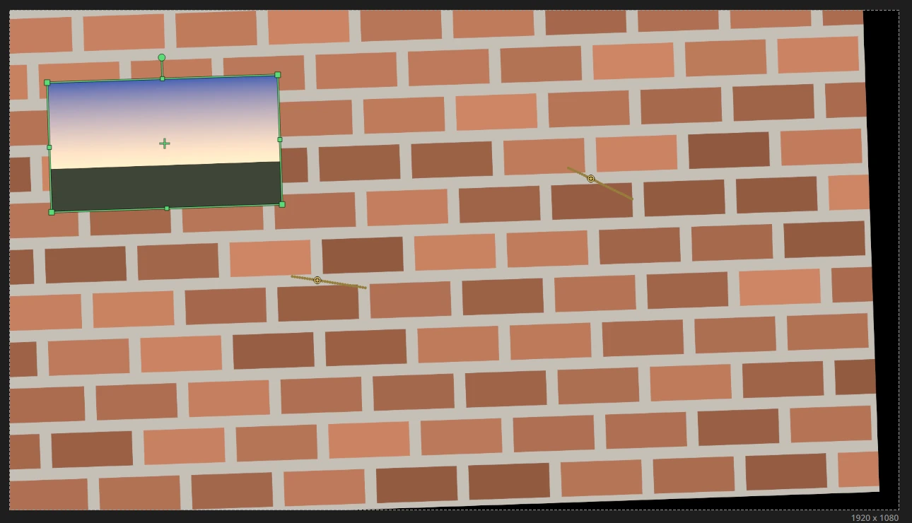 A Match Move in the viewer: the pivot track (lower middle) and the transform track (upper right) with the short paths they followed, and a sunset picture sitting on the brick wall inside its green box, with corner and edge handles and the turning handle above it