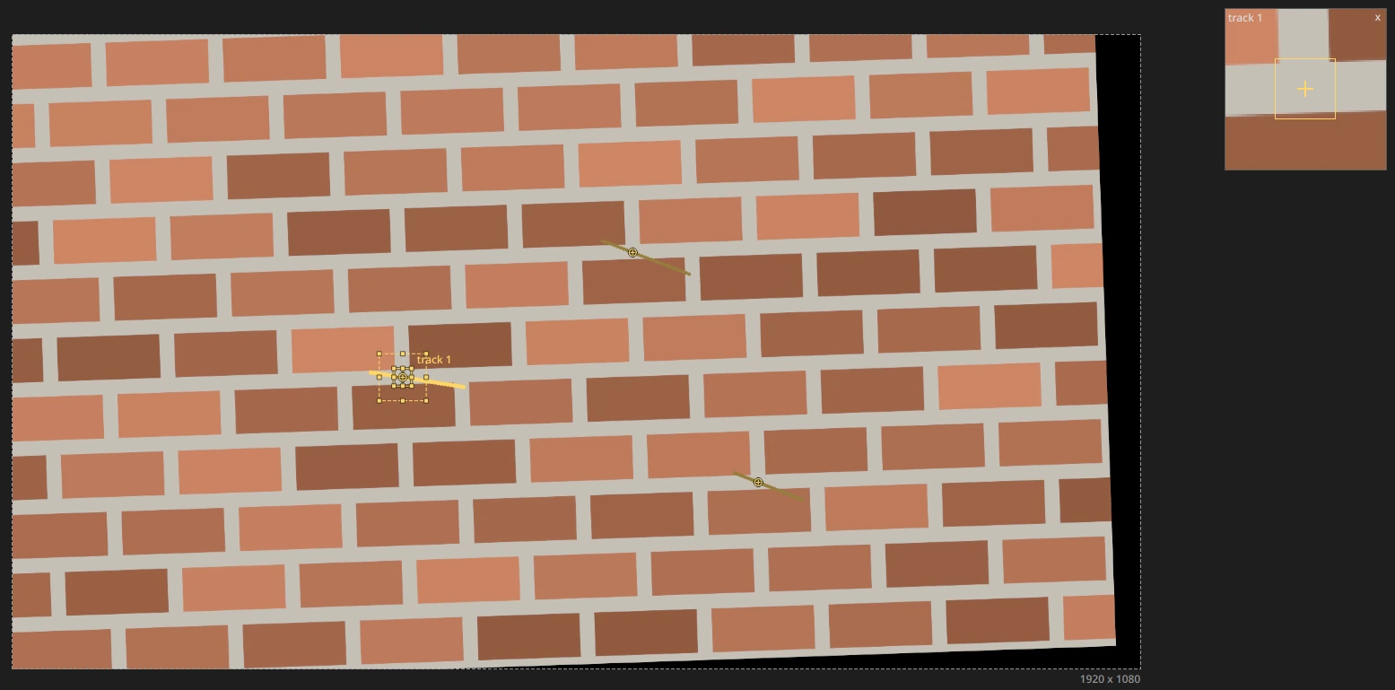 A Tracker on a brick wall, in the viewer: three tracks with the paths they followed; the selected track shows its pattern and search boxes, and a magnified view of its pattern at the top right
